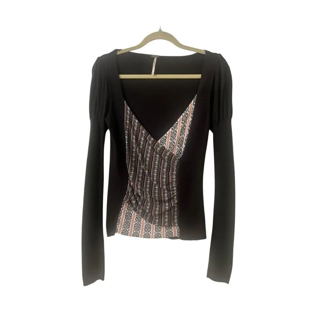 Anthropologie sweater by Free People deep v-neck with puff sleeve Medium